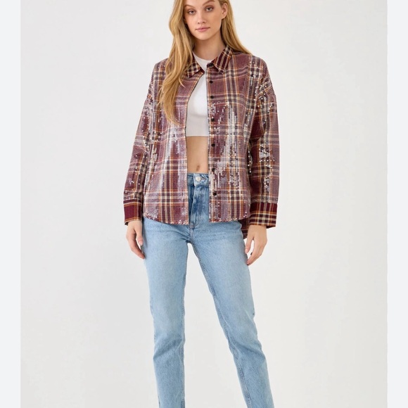 Sequin Plaid Button-Up Shirt - Picture 3 of 10